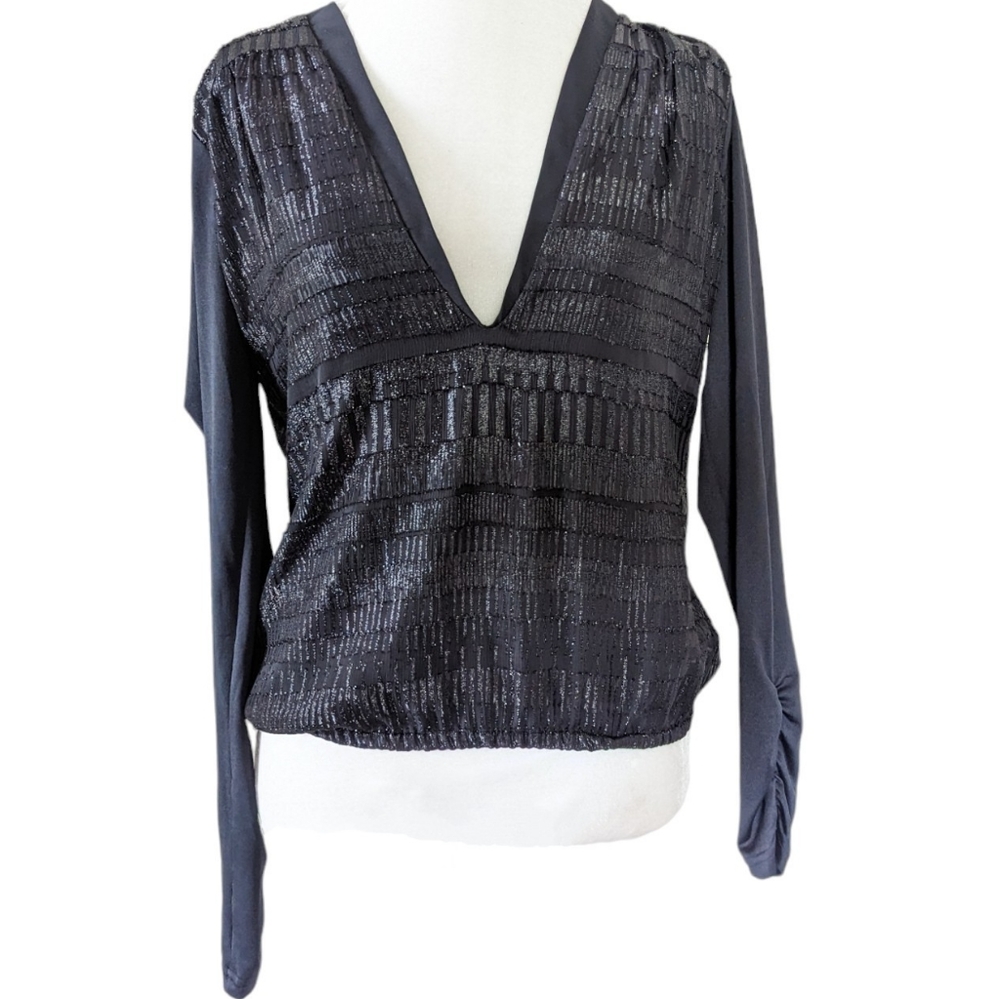 Bebe Plunge Sparkle Top Small Black Metallic Striped Sparkling V Neck Low Cut